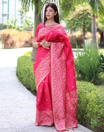 Pink Handloom Raw Silk Saree With Weaving Butties Work