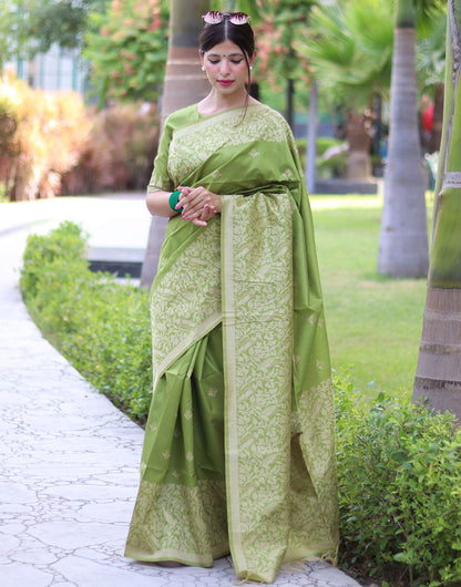 Pista Green Handloom Raw Silk Saree With Weaving Butties Work