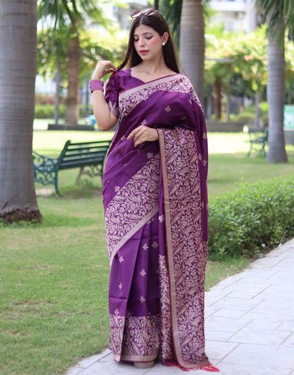 Purple Handloom Raw Silk Saree With Weaving Butties Work