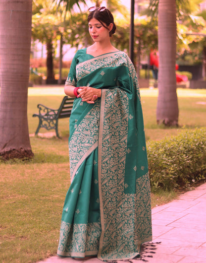 Teal Green Handloom Raw Silk Saree With Weaving Butties Work