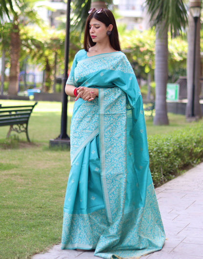 Sky Blue Handloom Raw Silk Saree With Weaving Butties Work