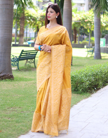 Yellow Handloom Raw Silk Saree With Weaving Butties Work