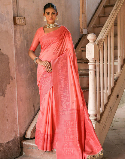 Peach Handloom Raw Silk Saree With Weaving Butties Work