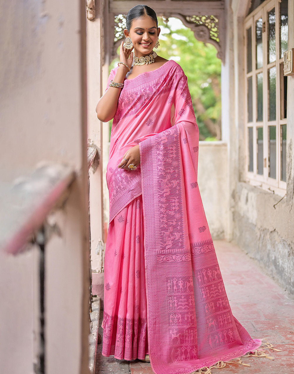 Pink Handloom Raw Silk Saree With Weaving Butties Work