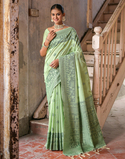 Tea Green Handloom Raw Silk Saree With Weaving Butties Work