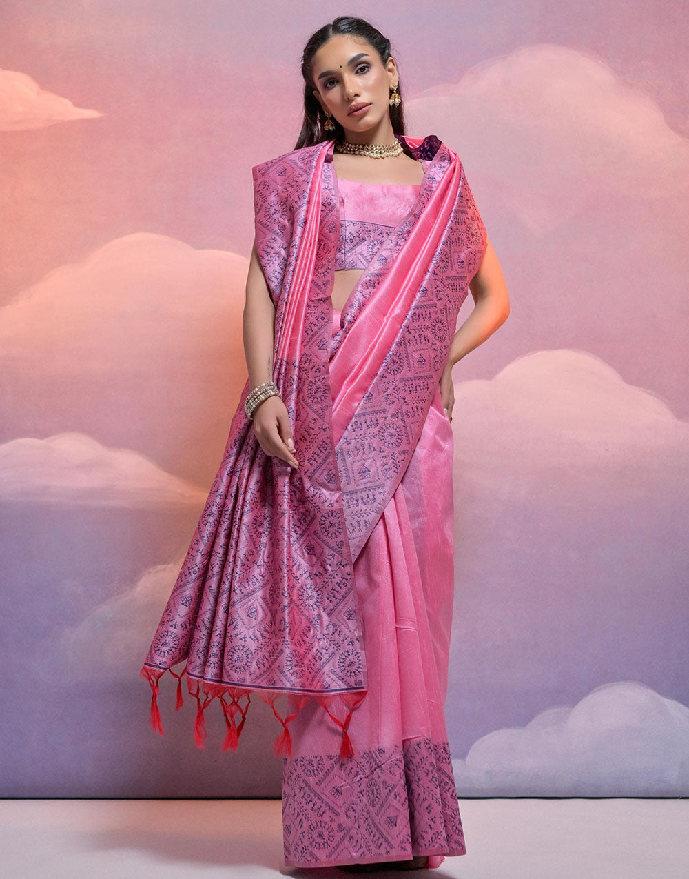 Baby Pink Handloom Raw Silk Saree With Weaving Work