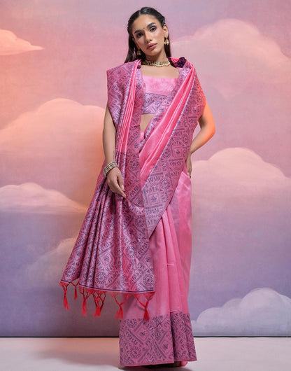 Baby Pink Handloom Raw Silk Saree With Weaving Work