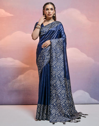 Navy Blue Handloom Raw Silk Saree With Weaving Work