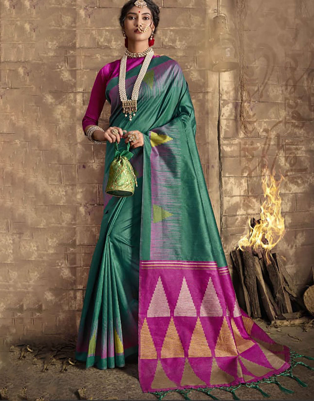 Teal Green Handloom Raw Silk Saree With Weaving Work