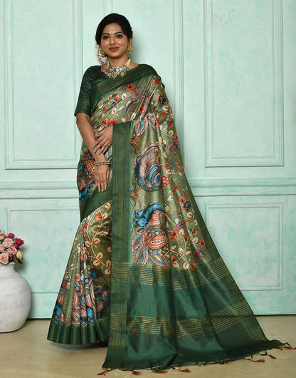 Green Soft Tussar Silk Saree With Kalamkari Printed Work