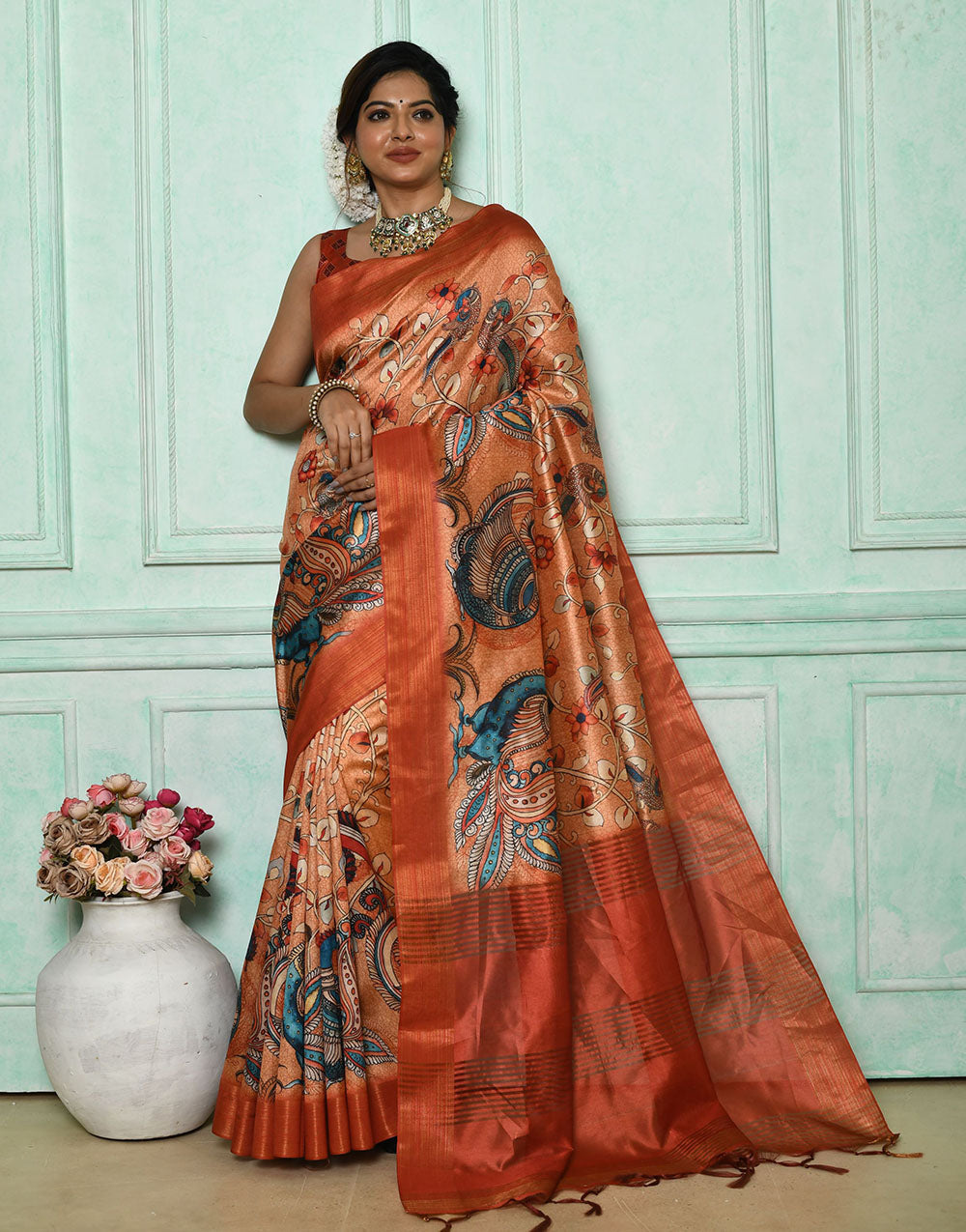 Light Orange Soft Tussar Silk Saree With Kalamkari Printed Work