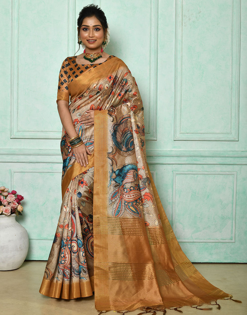 Mustard Yellow Soft Tussar Silk Saree With Kalamkari Printed Work