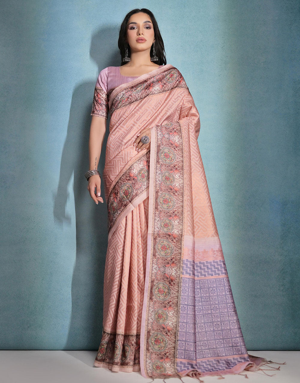 Pastel Peach Cotton Silk Saree With Weaving Work