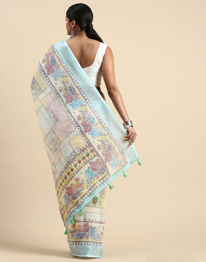 Light Blue Linen Saree With Printed Work