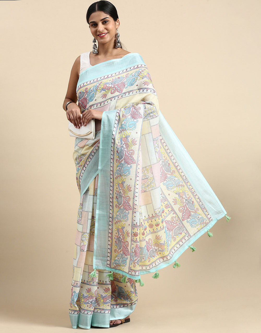 Light Blue Linen Saree With Printed Work