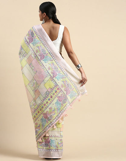 Light Pink Linen Saree With Printed Work