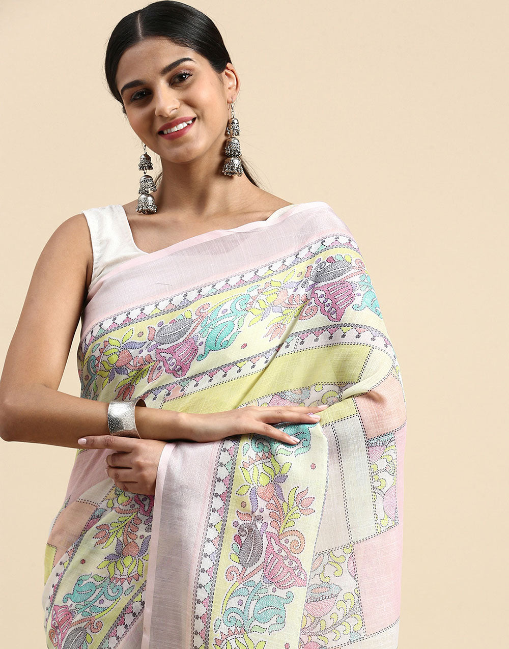 Light Pink Linen Saree With Printed Work