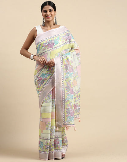 Light Pink Linen Saree With Printed Work