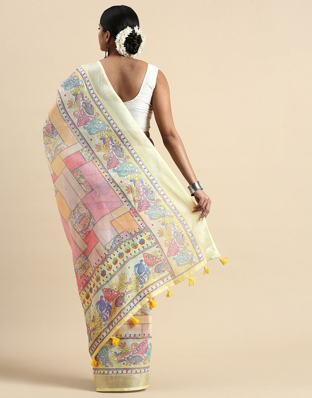 Light Yellow Linen Saree With Printed Work