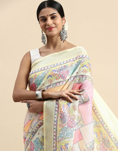 Light Yellow Linen Saree With Printed Work