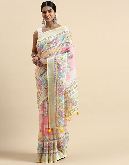 Light Yellow Linen Saree With Printed Work