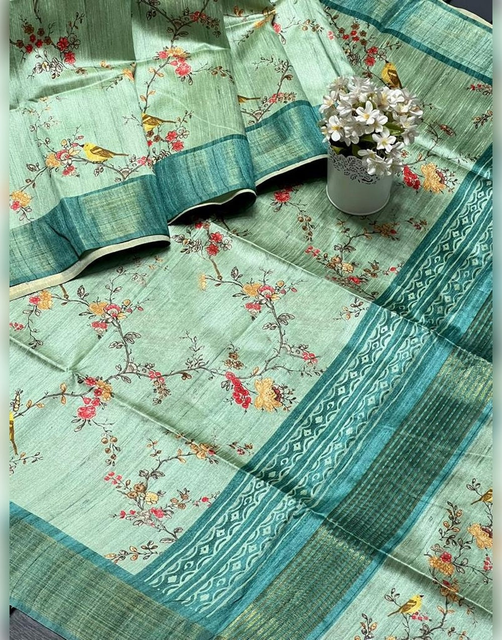 Light Green Soft Tussar Silk With Printed Work