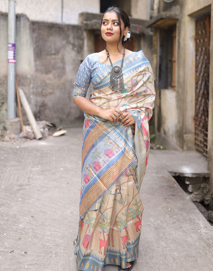 Light Blue Tussar Silk Saree With Digital Printed Work