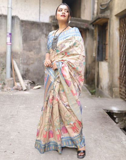 Light Blue Tussar Silk Saree With Digital Printed Work