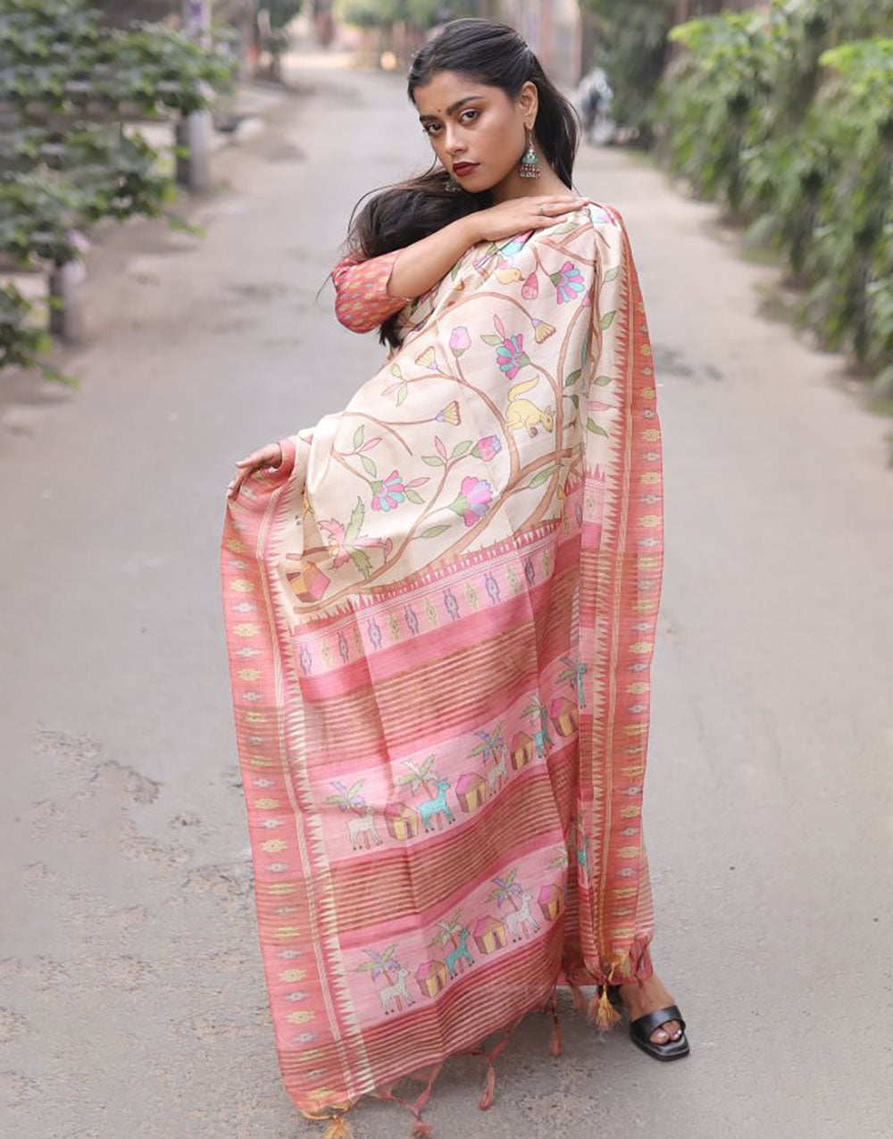 Light Pink Tussar Silk Saree With Digital Printed Work