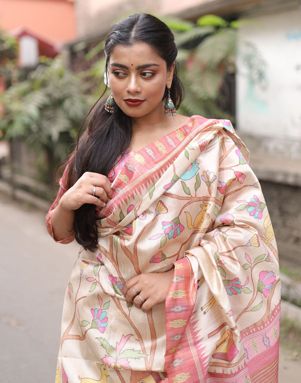 Light Pink Tussar Silk Saree With Digital Printed Work