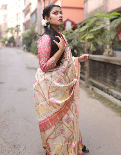 Light Pink Tussar Silk Saree With Digital Printed Work