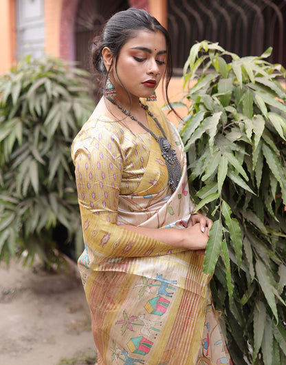 Light Yellow Tussar Silk Saree With Digital Printed Work