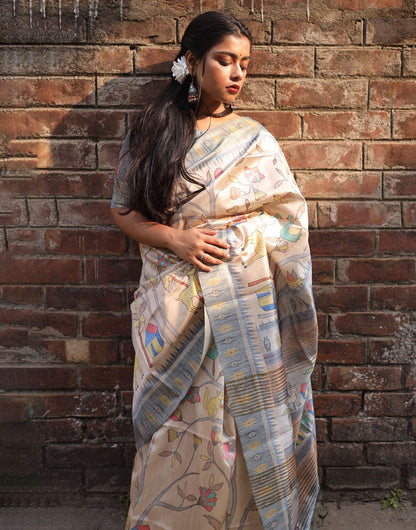 Grey Tussar Silk Saree With Digital Printed Work