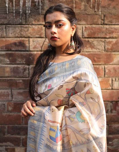 Grey Tussar Silk Saree With Digital Printed Work