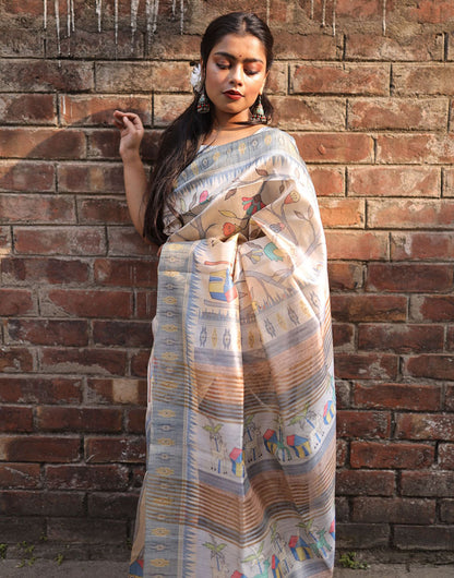 Grey Tussar Silk Saree With Digital Printed Work