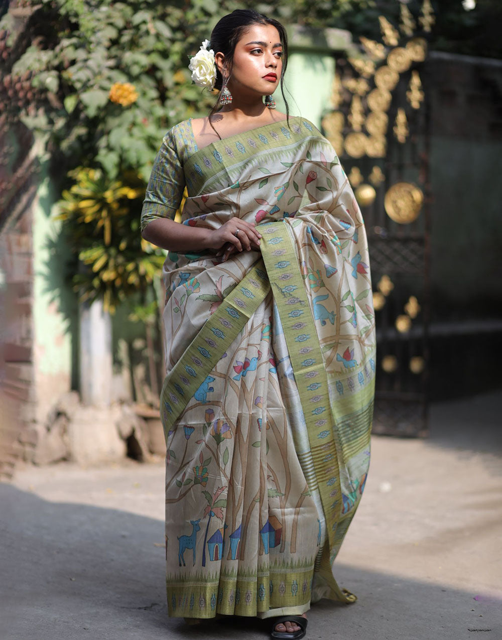 Green Tussar Silk Saree With Digital Printed Work