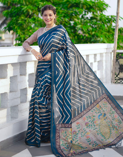 Prussian Blue Tussar Silk Saree With Lehariya Printed Work