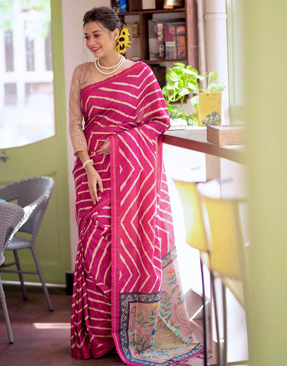 Pink Tussar Silk Saree With Lehariya Printed Work