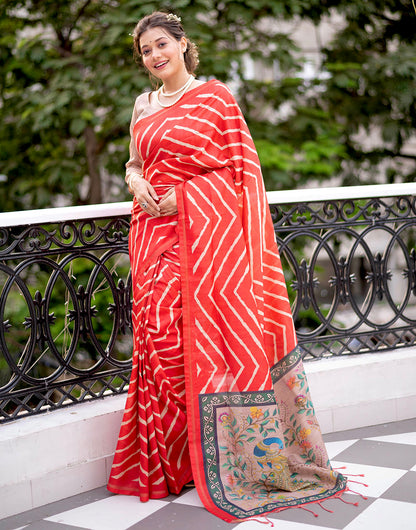 Red Tussar Silk Saree With Lehariya Printed Work