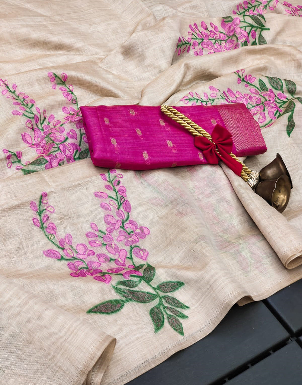 Off White & Pink Soft Muga Silk With Weaving Saree