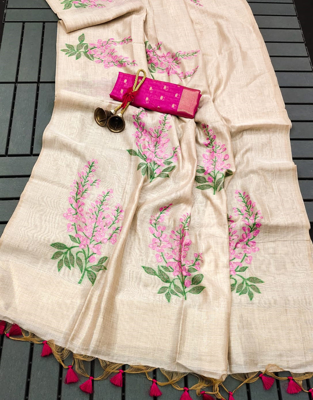 Off White & Pink Soft Muga Silk With Weaving Saree