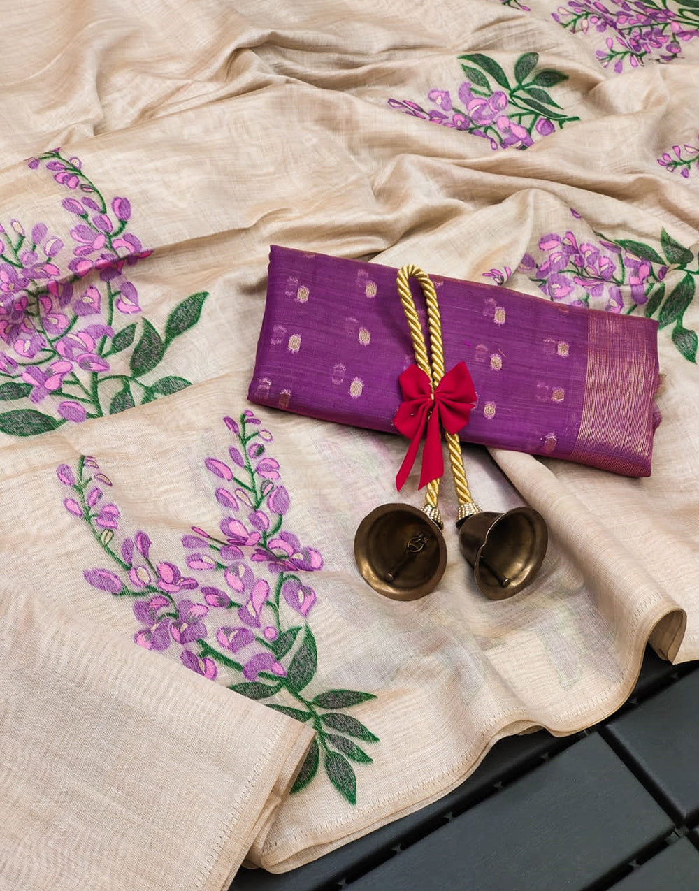 Off White & Purple Soft Muga Silk With Weaving Saree