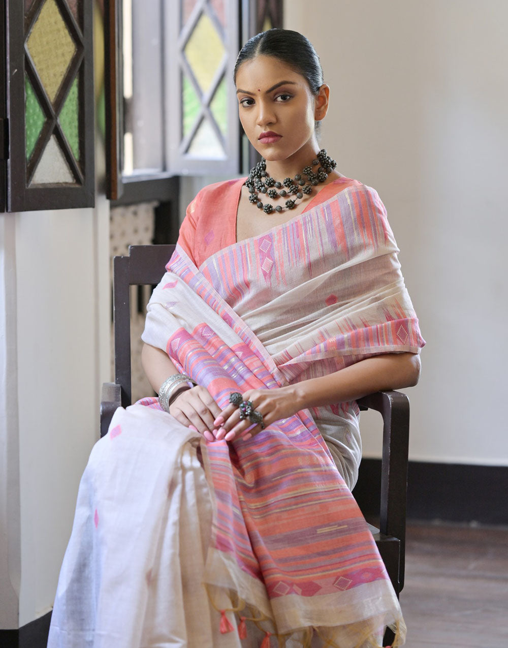 Off White & Peach Soft Muga Cotton With Ikkat Weaving Work