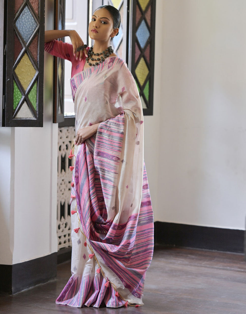 Off White & Lavender Soft Muga Cotton With Ikkat Weaving Work