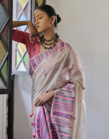 Off White & Lavender Soft Muga Cotton With Ikkat Weaving Work