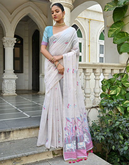 Off White & Pink Soft Muga Silk Saree With Floral Weaving Work