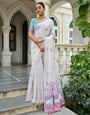 Off White & Pink Soft Muga Silk Saree With Floral Weaving Work