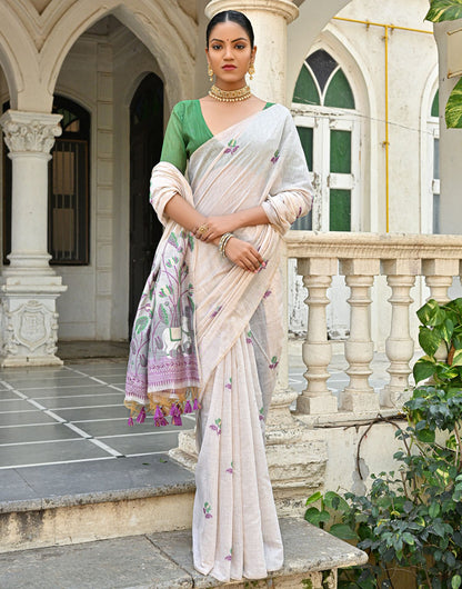 Off White & Purple Soft Muga Silk Saree With Floral Weaving Work