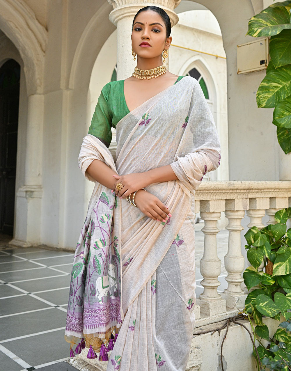 Off White & Purple Soft Muga Silk Saree With Floral Weaving Work