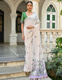 Off White & Purple Soft Muga Silk Saree With Floral Weaving Work